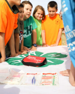 Group of kids gathered around a table with a first aid kit. Group of kids gathered around a table with a first aid kit.