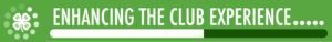 Green banner with the 4-H clover logo on the left and the text ‘Enhancing the Club Experience on the Management page’ in bold white letters. Below the text is a horizontal progress bar partially filled in dark green.